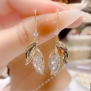 Gold Rhinestone Leaf Earrings